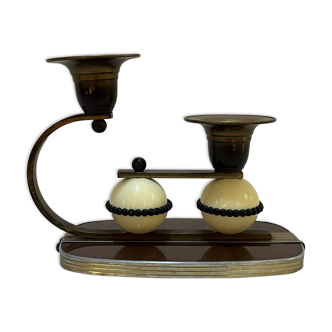 Old Art Deco double brass celluloid wood candle holder 1930 vintage modernist