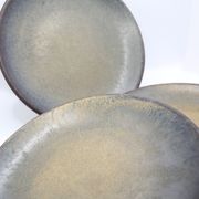 Set of 3 bluish and ochre plates in stoneware Arts Ceram Grand Feu