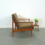 Teak Scandinavische fauteuil met bruin stoffen kussens, stoel 2