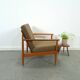 Teak Scandinavische fauteuil met bruin stoffen kussens, stoel 2
