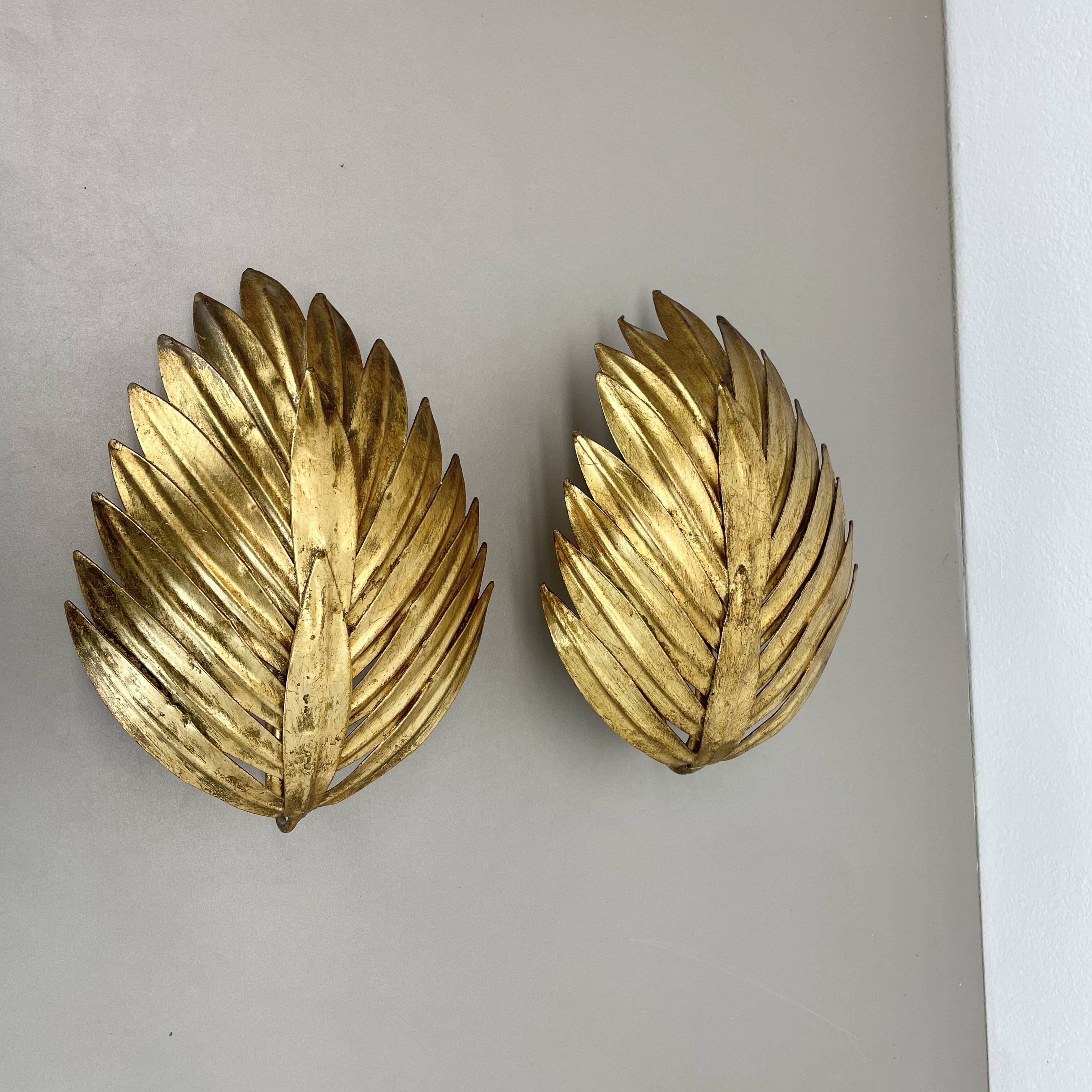 Set of 2 hans kögl style golden florentiner leaf wall light sconces, italy, 1980