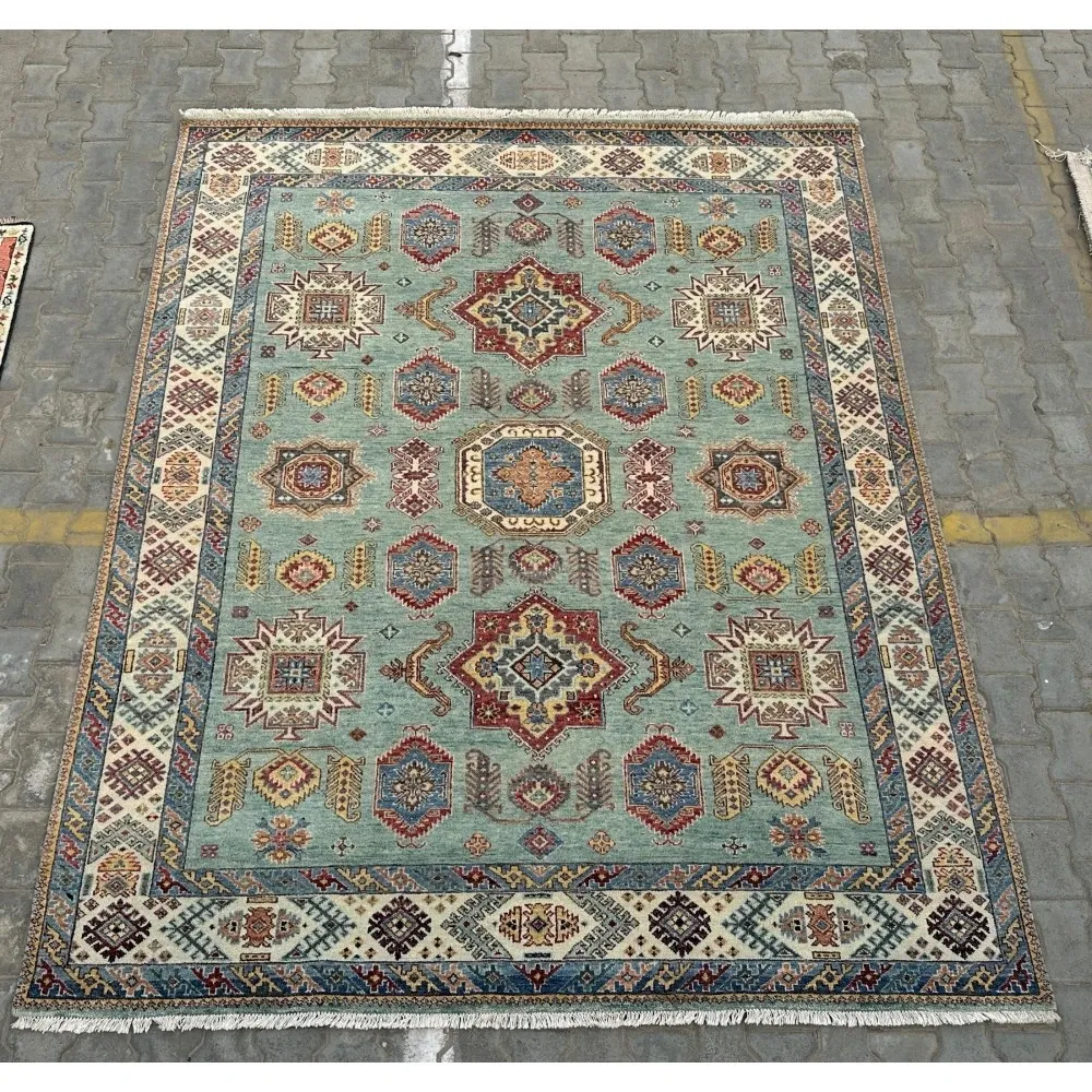 Contemporary Handmade Wool Area Rug, Turquoise Geometric Pattern Carpet for Living Room