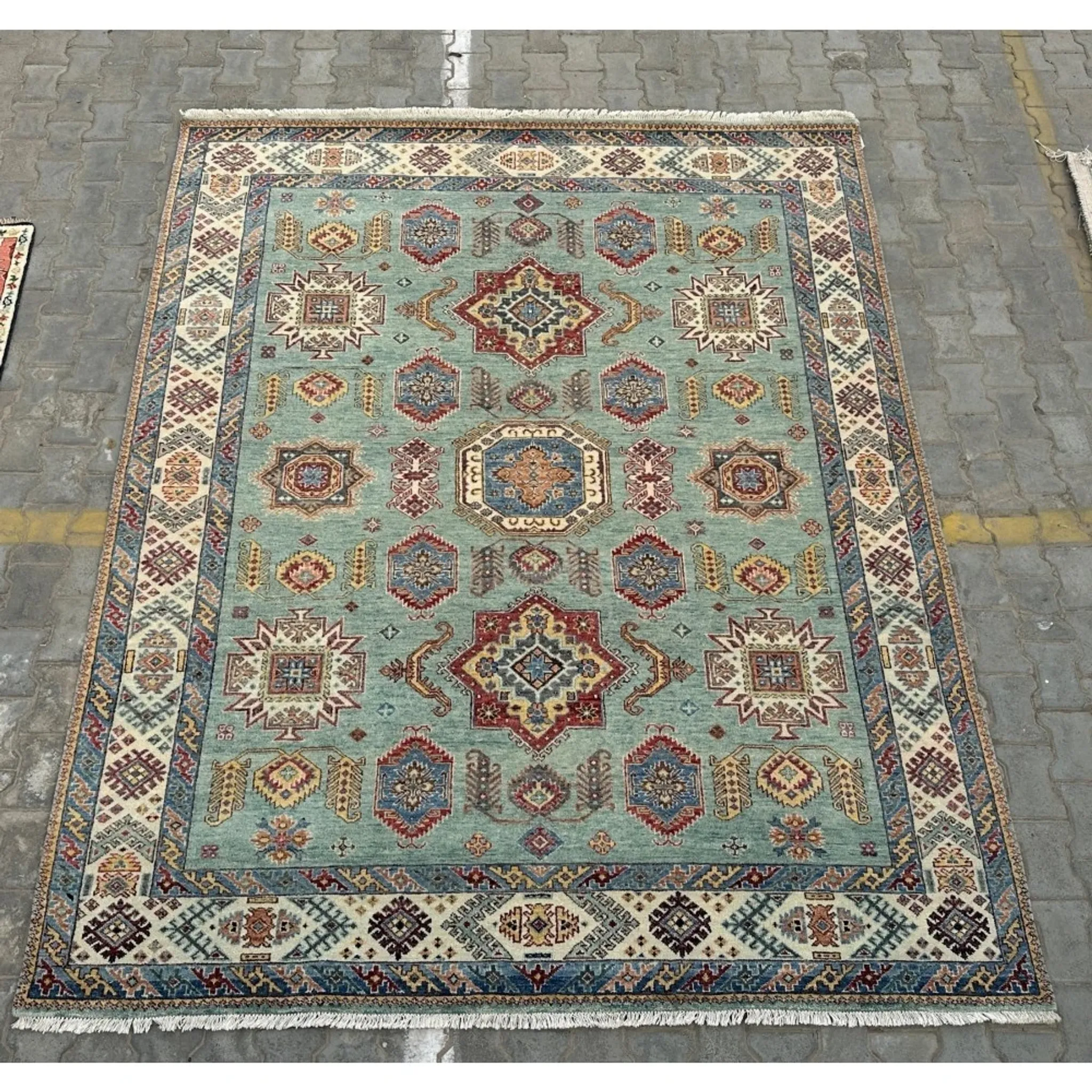 Contemporary Handmade Wool Area Rug, Turquoise Geometric Pattern Carpet for Living Room