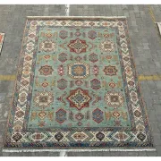 Contemporary Handmade Wool Area Rug, Turquoise Geometric Pattern Carpet for Living Room