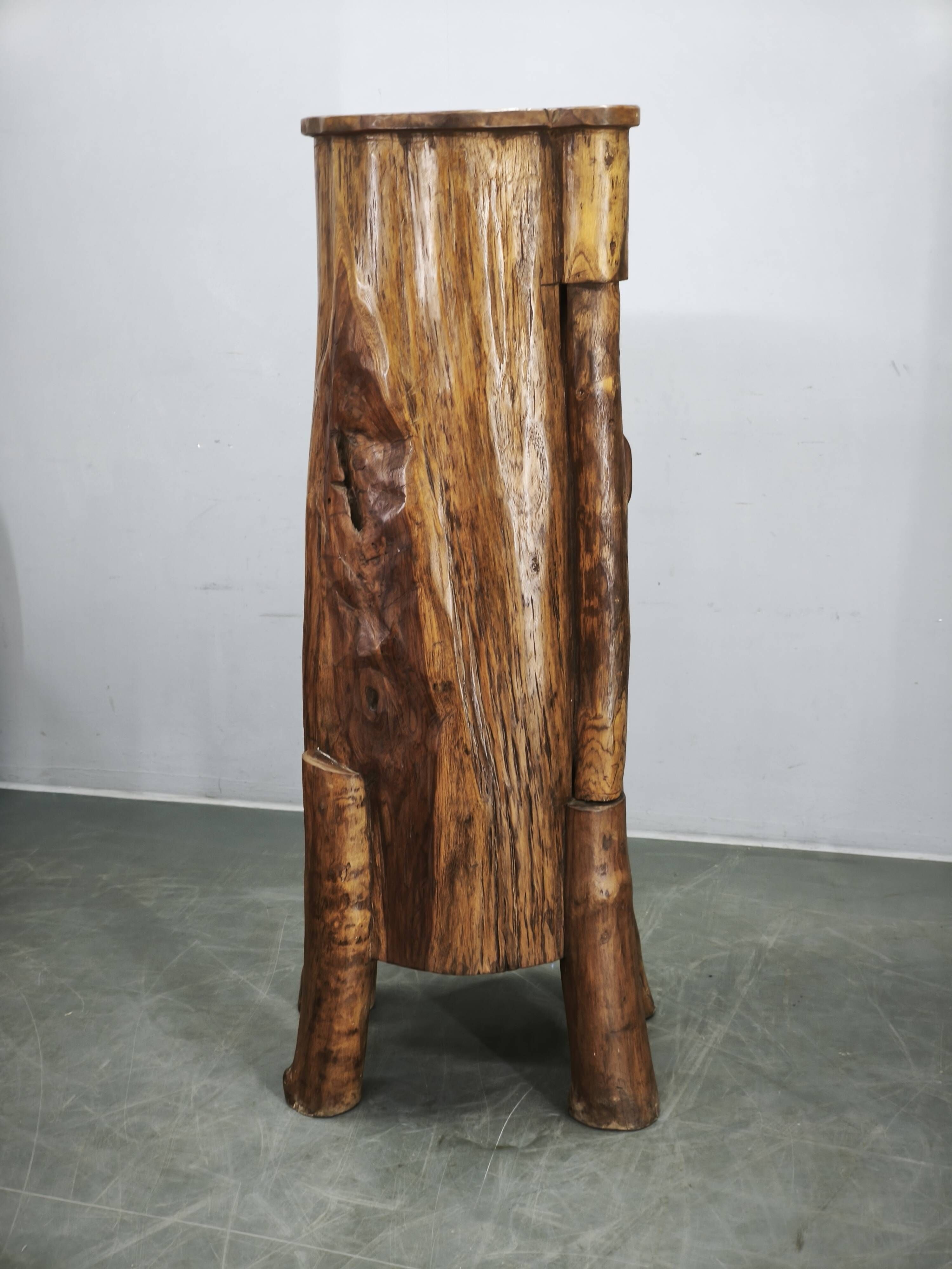 1960s French Brutalist Sculptural Solid Elm Wood Tree Trunk Cabinet