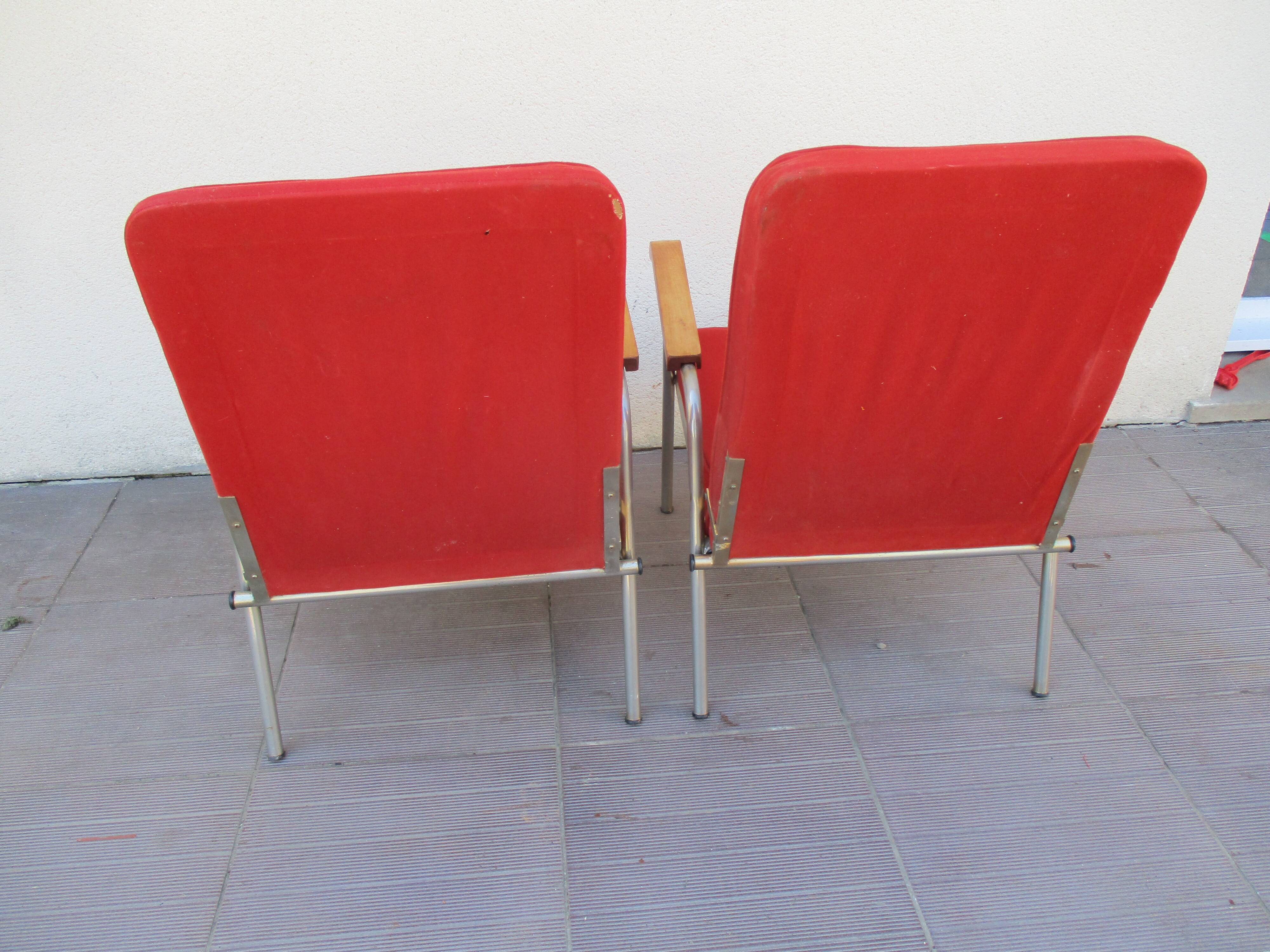 Pair vintage red velvet armchairs 50/60 years