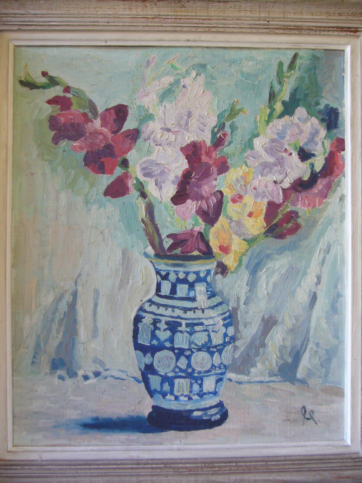 Ancient painting painted on cardboard bouquet of flowers in a vase