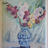 Ancient painting painted on cardboard bouquet of flowers in a vase
