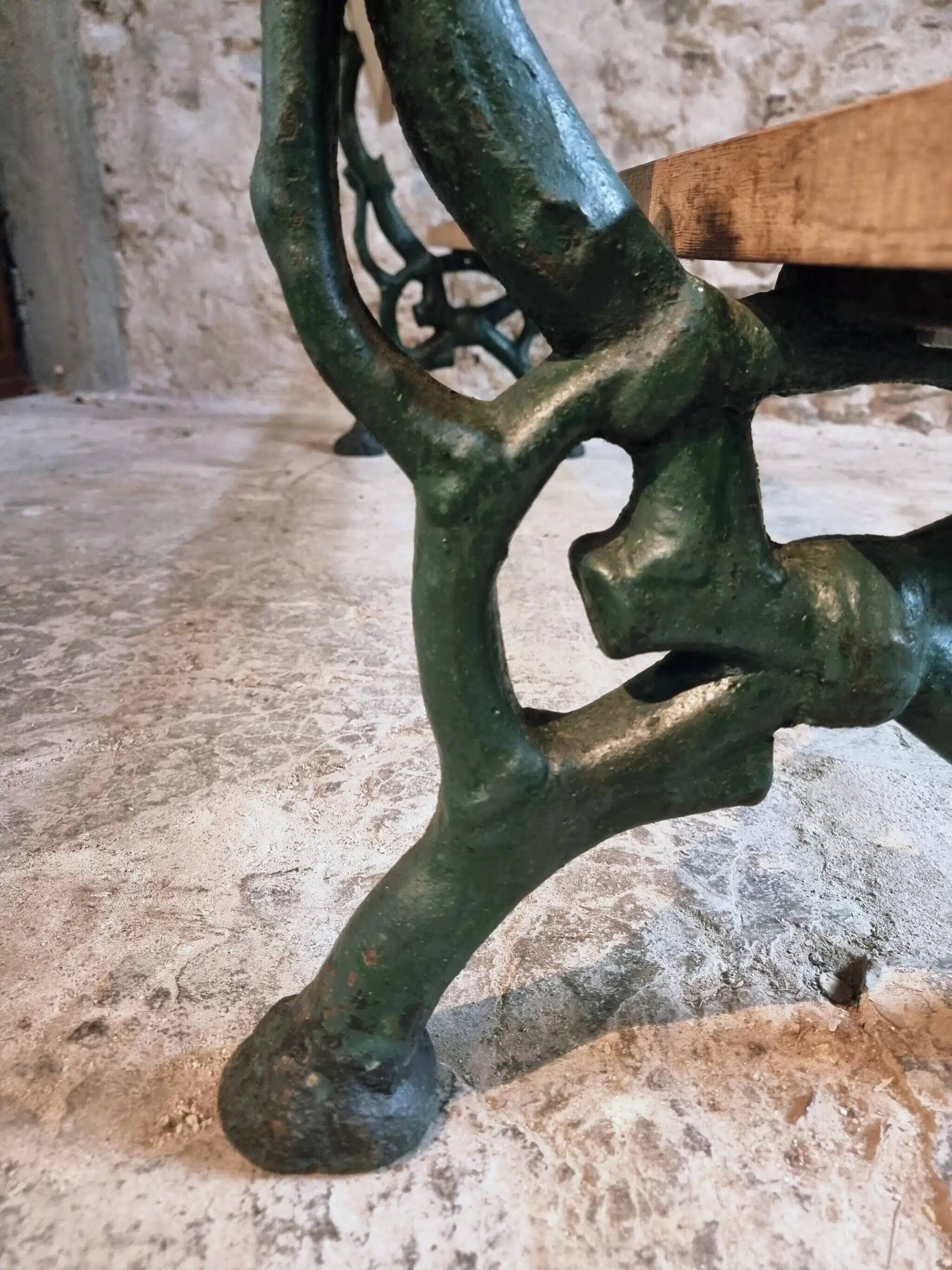 Antique French park bench in cast iron and oak – Sea green patina, 220 cm