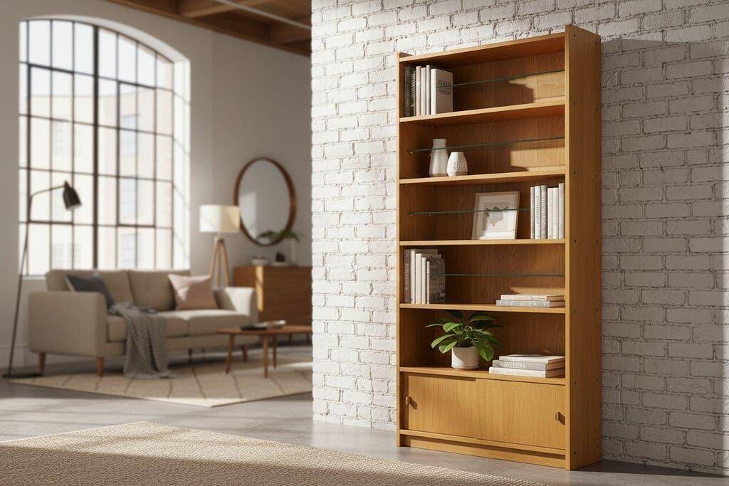 Shallow vintage wooden display cabinet / shelving unit / collector's cabinet