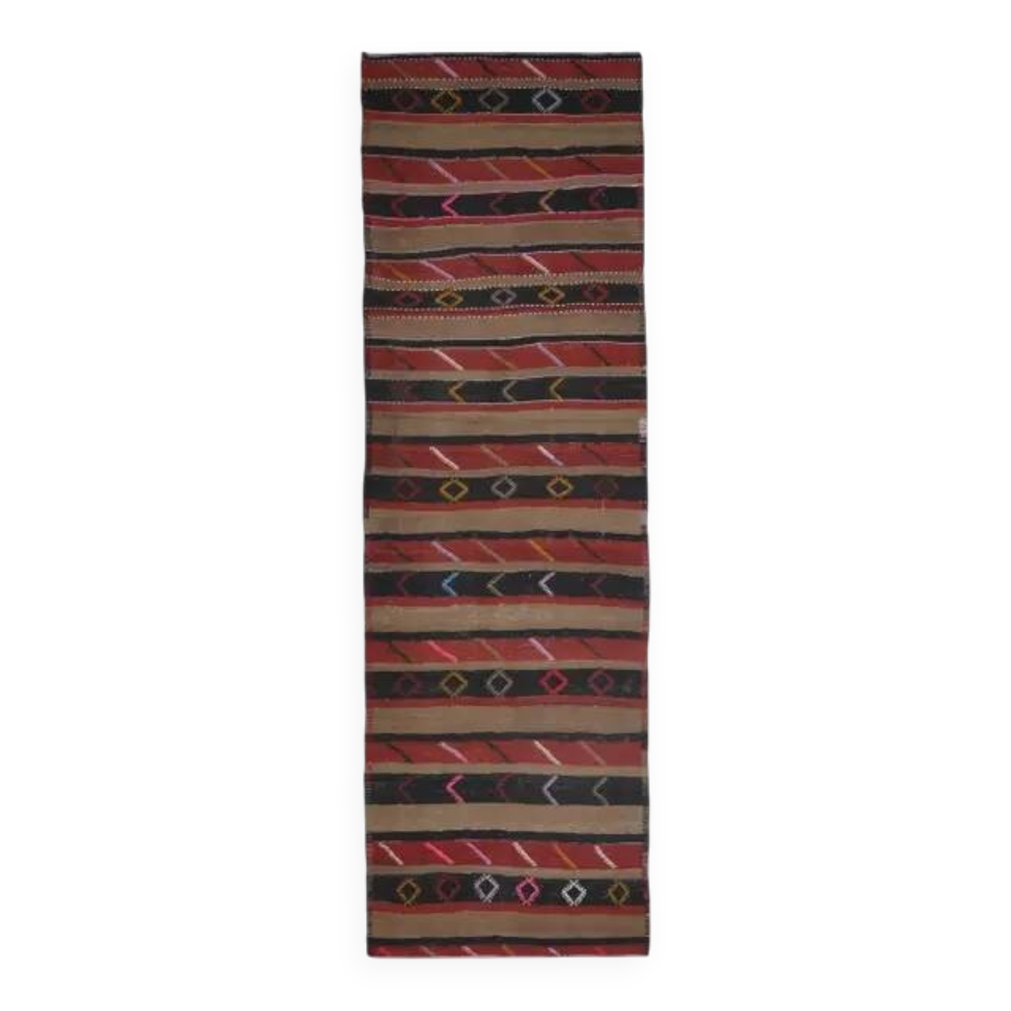1970s Turkish Oushak Handmade  Red Brown Kilim Runner Rug 108x350
