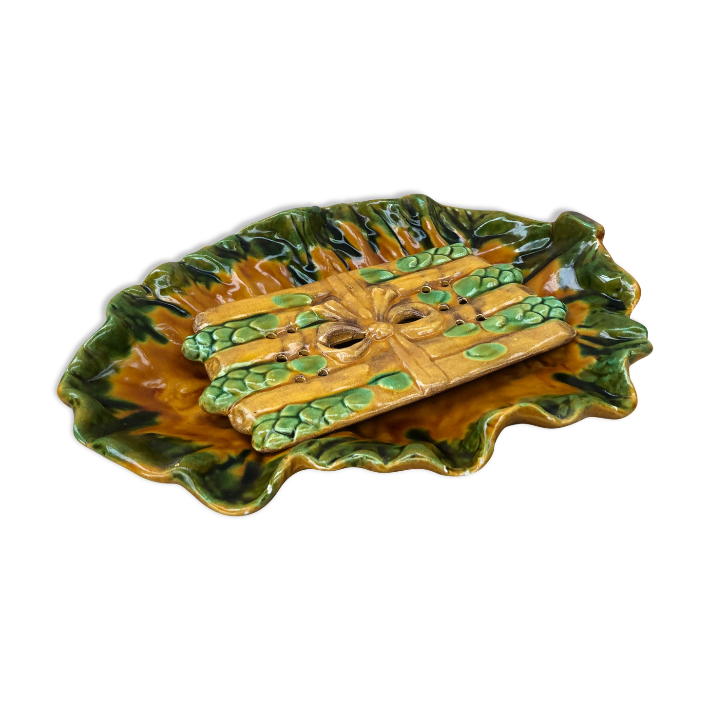 Old asparagus dish vallauris d.m. ceramic green & yellow vintage