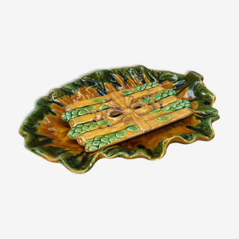 Ancien plat asperges vallauris d.m. céramique verte & jaune vintage