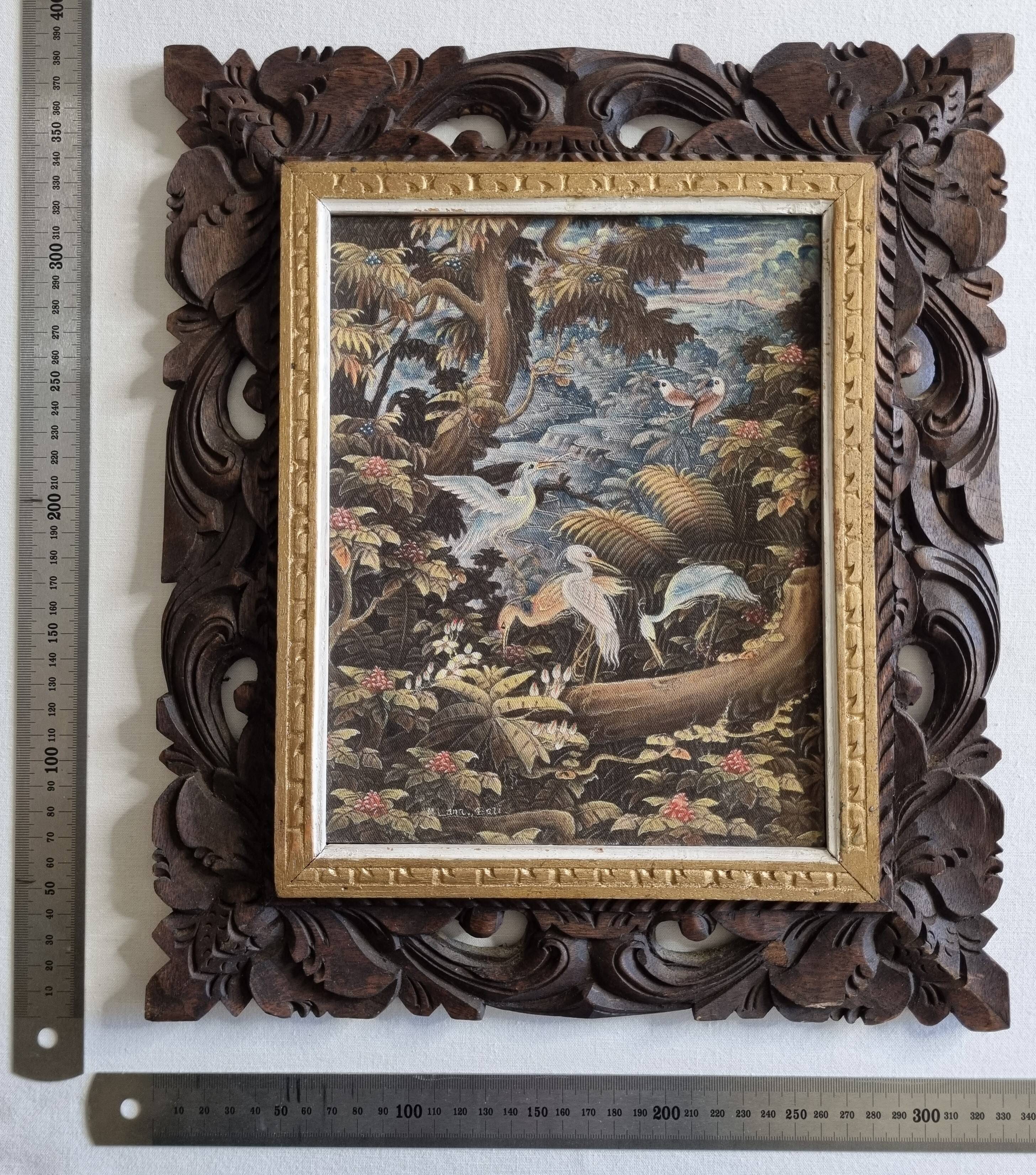 Tropical scene of Bali, painting on canvas in carved teak 33x38 cm.