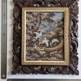 Tropical scene of Bali, painting on canvas in carved teak 33x38 cm.