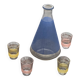Blue glass liqueur carafe and 4 small vintage granite glasses