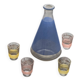 Service à liqueur carafe en verre bleue et 4 petits verres granite vintage