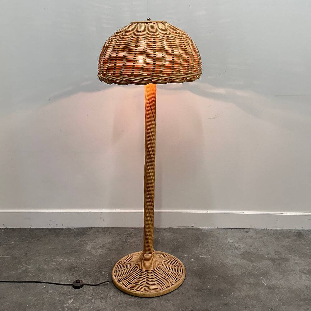 Large French rattan floor lamp, mushroom shade, vintage wicker standing lamp