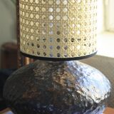 Stoneware lamp with cane shade