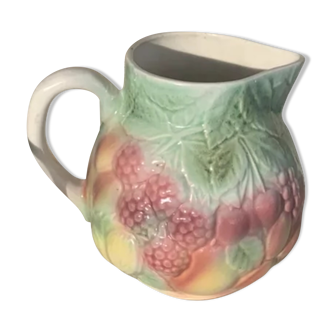 Pitcher, slurry carafe with fruit pattern, vintage glazed ceramic