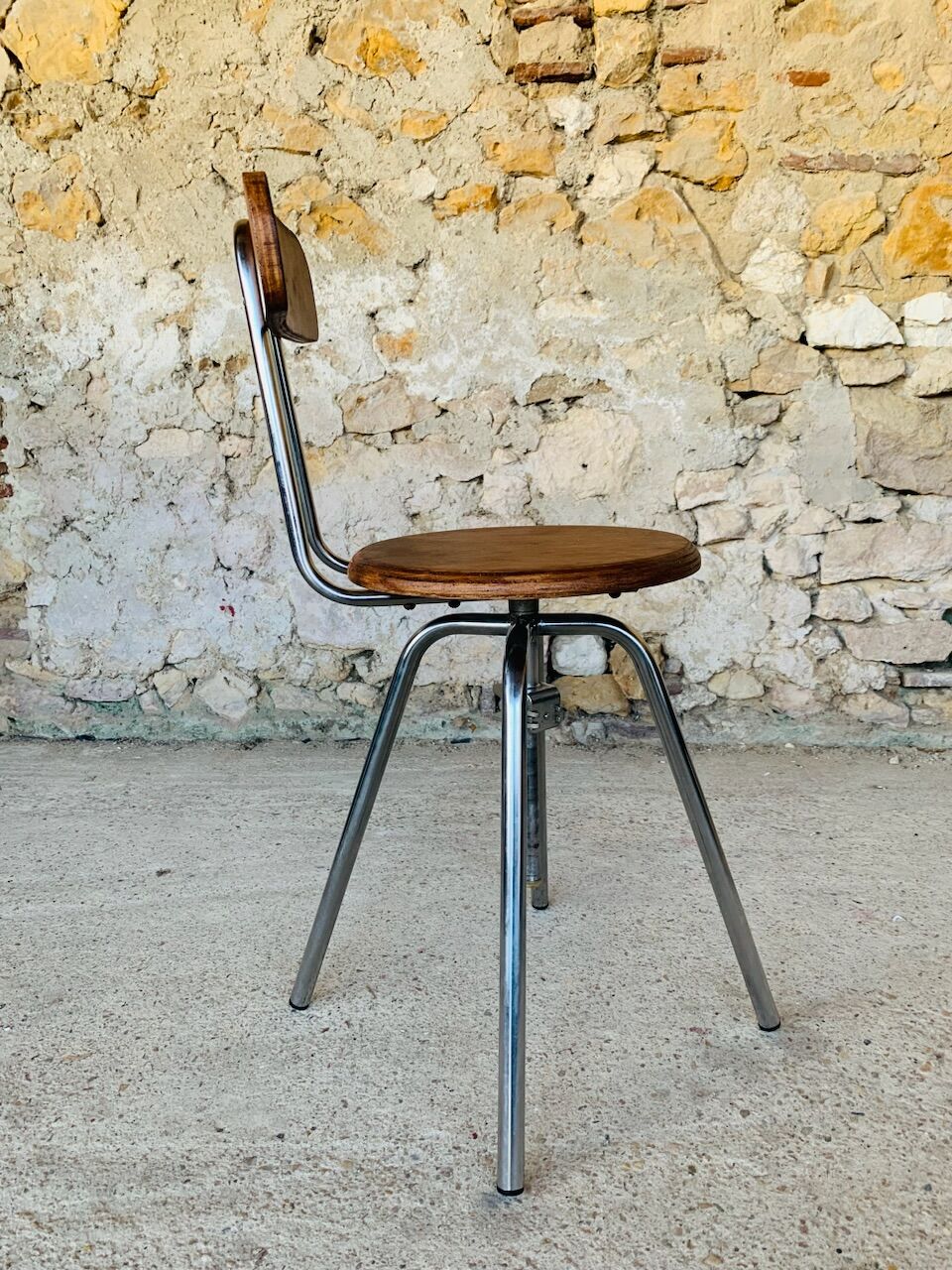 Vintage industrial metal and wood stool with adjustable swivel seat, 1960's
