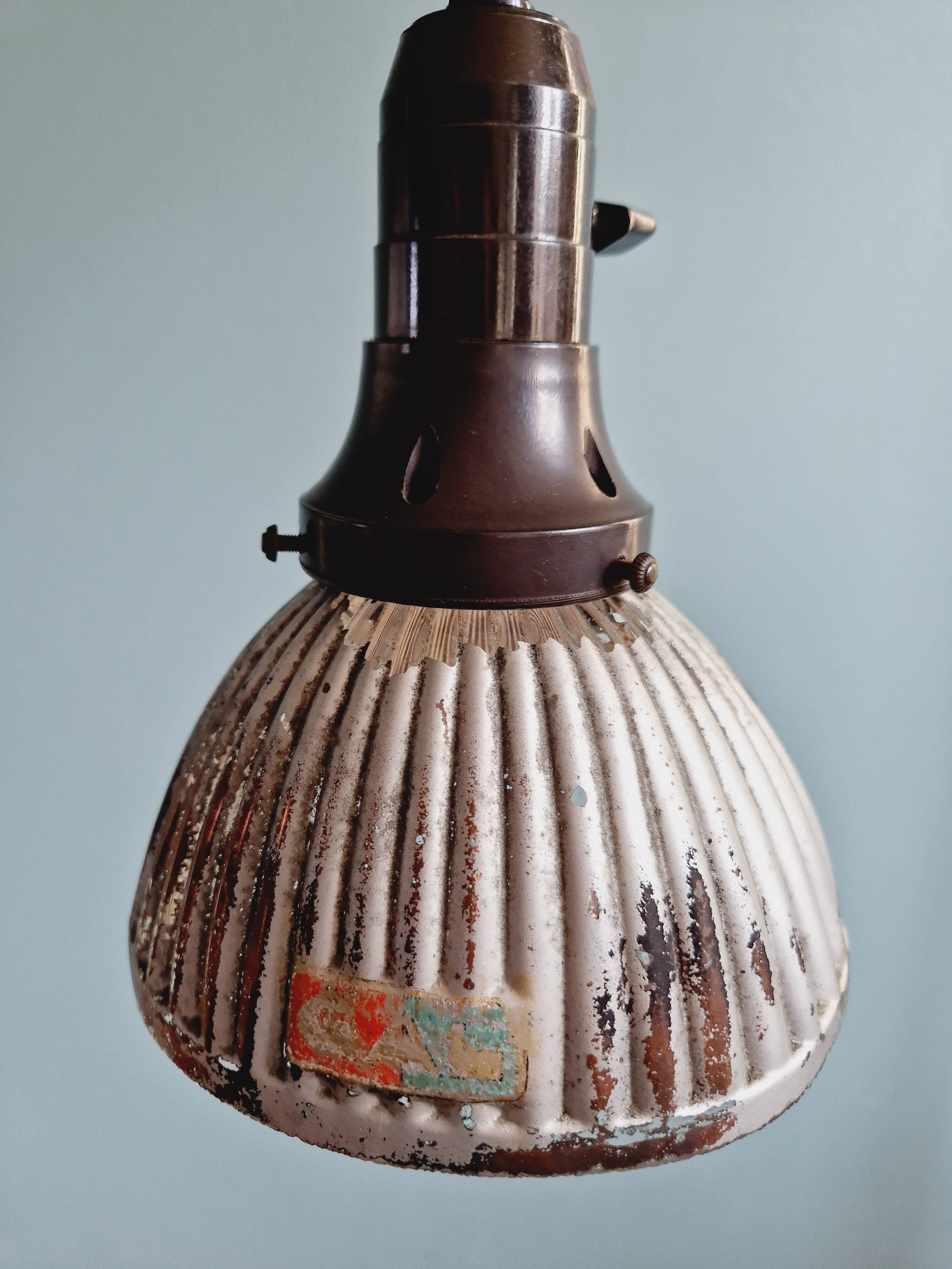 Set of 3 industrial mercury glass pendant lights, GAL (France), 1930s