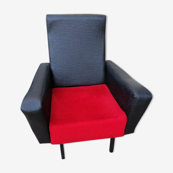 Armchair design 1950 skai black fabric red