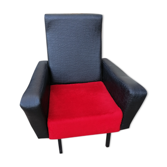 Armchair design 1950 skai black fabric red