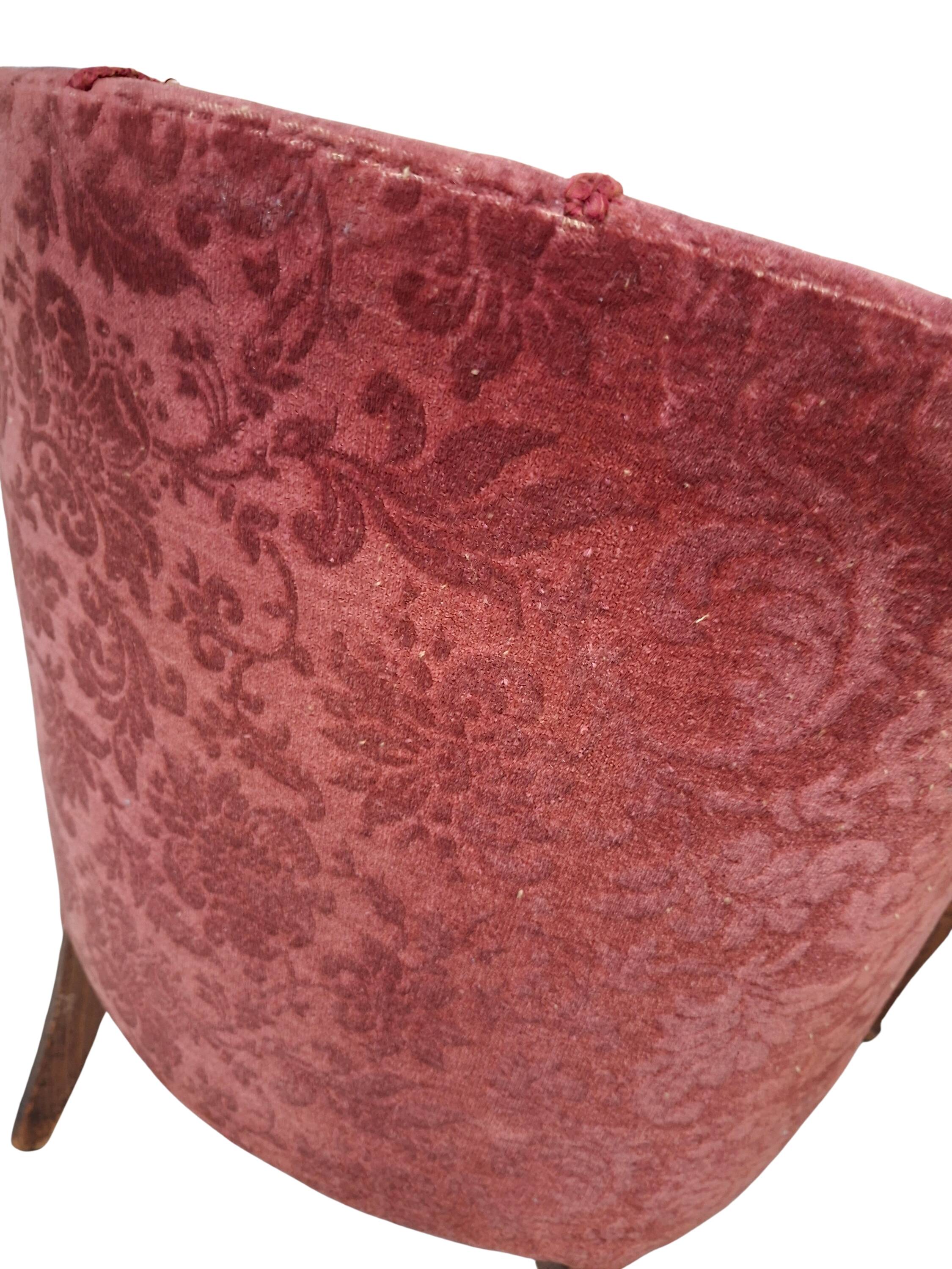 Elegante Coppia di Poltrone Vintage Anni '60 in Rovere e Velluto Damascato