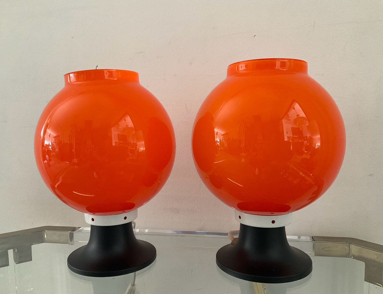 Pair of orange opaline lamps from the 70s