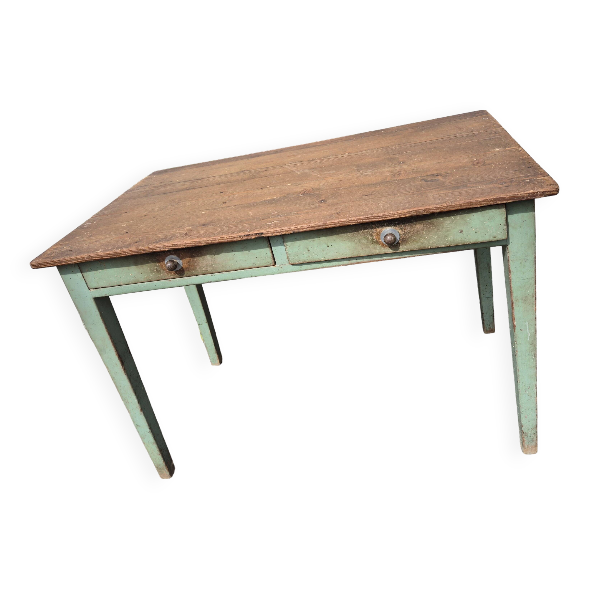 Table de ferme vintage plateau bois et bas vert, 2 tiroirs