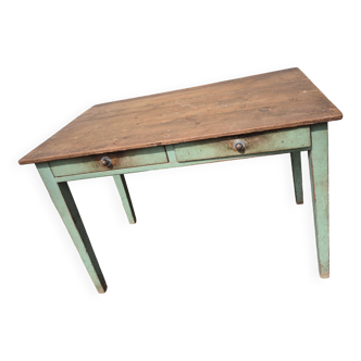 Table de ferme vintage plateau bois et bas vert, 2 tiroirs