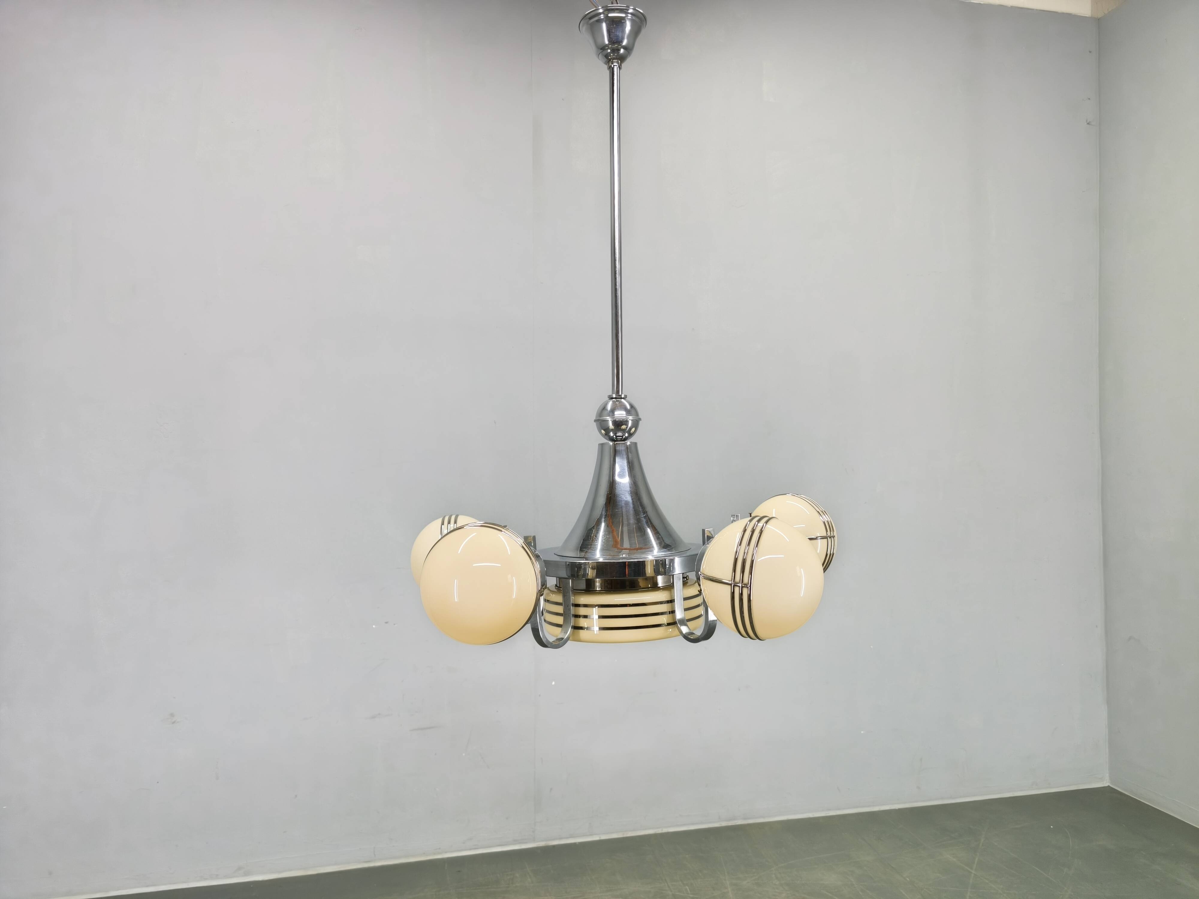 Art Deco Chrome and Glass Chandelier, 5 Globes, 1930s