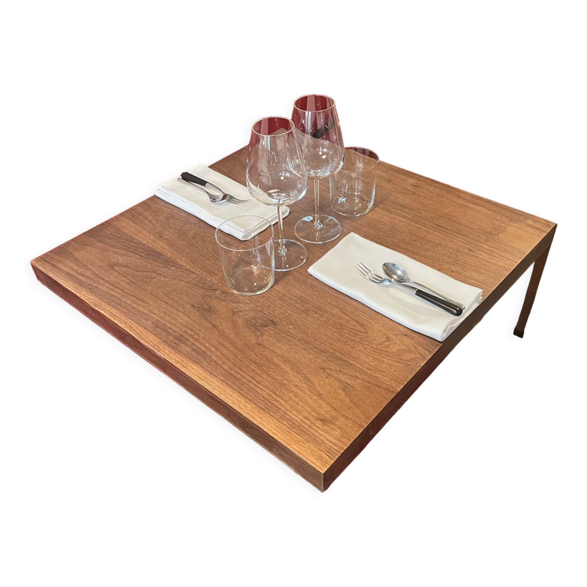 Square walnut table, table leg in powder-coated metal RAL rusty metal