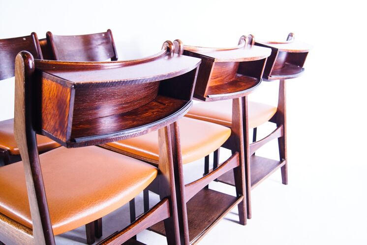 6 chaises d’école privées vintage en teck et palissandre