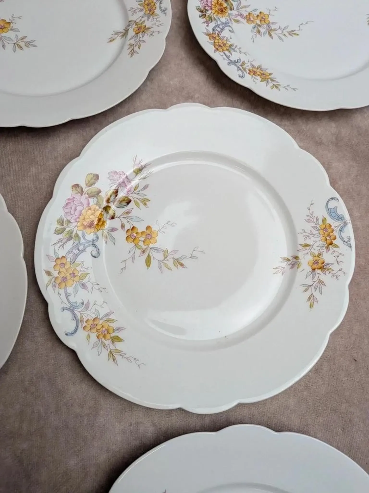 Set of 7 vintage flat plates in porcelain – Polychrome floral decoration