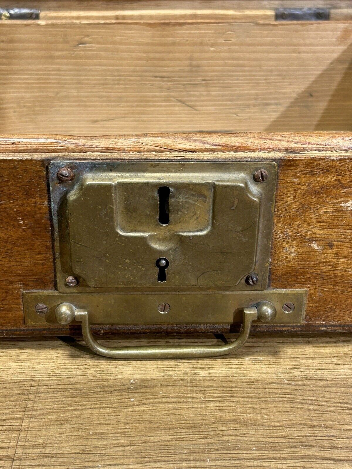 Old wood and brass box, decoration loft workshop, furniture of trades