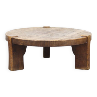 Large Round Rustic Vintage Brutalist Coffee Table in Oak