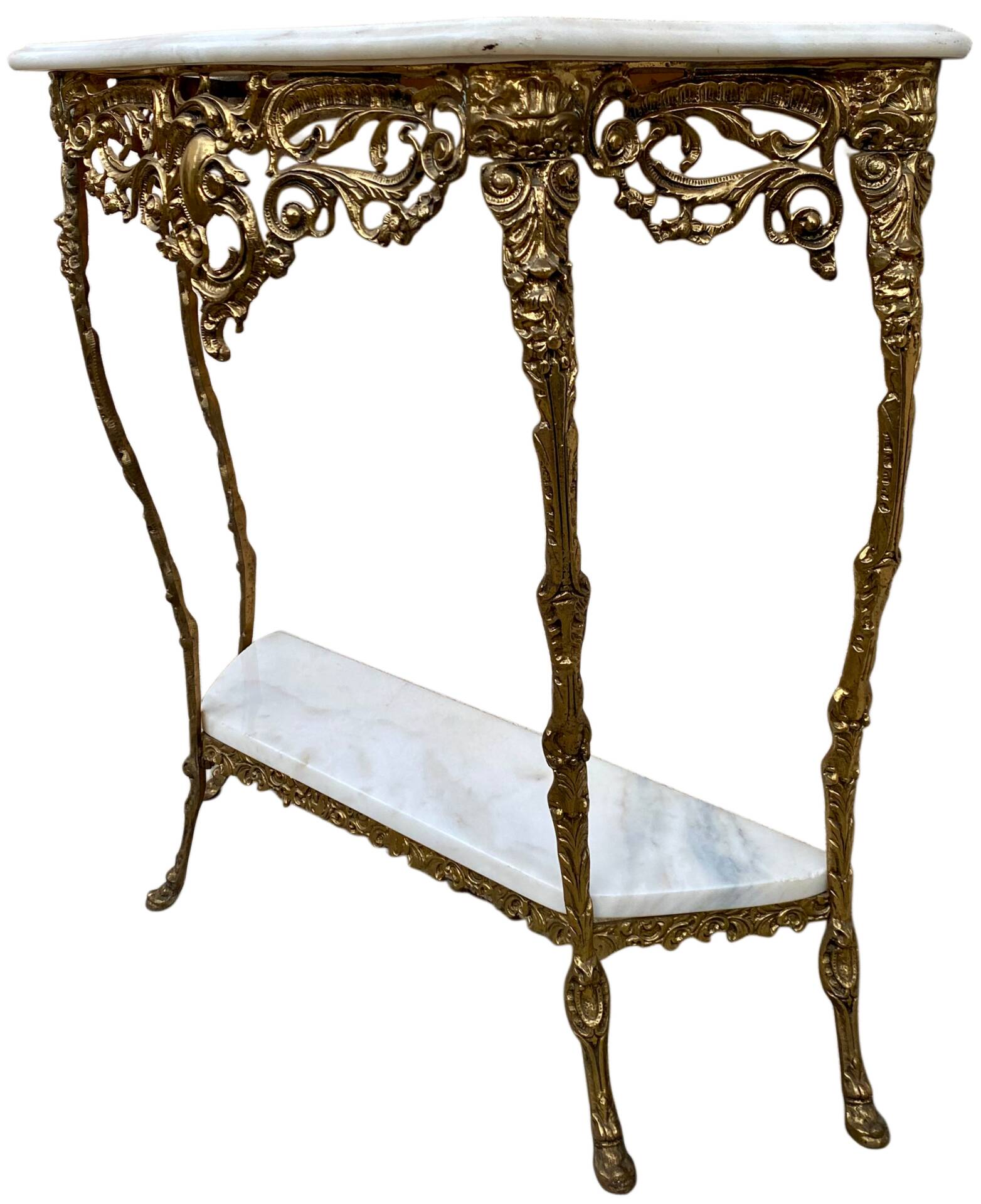 Console and mirror set in brass, Louis XV Rococo style.