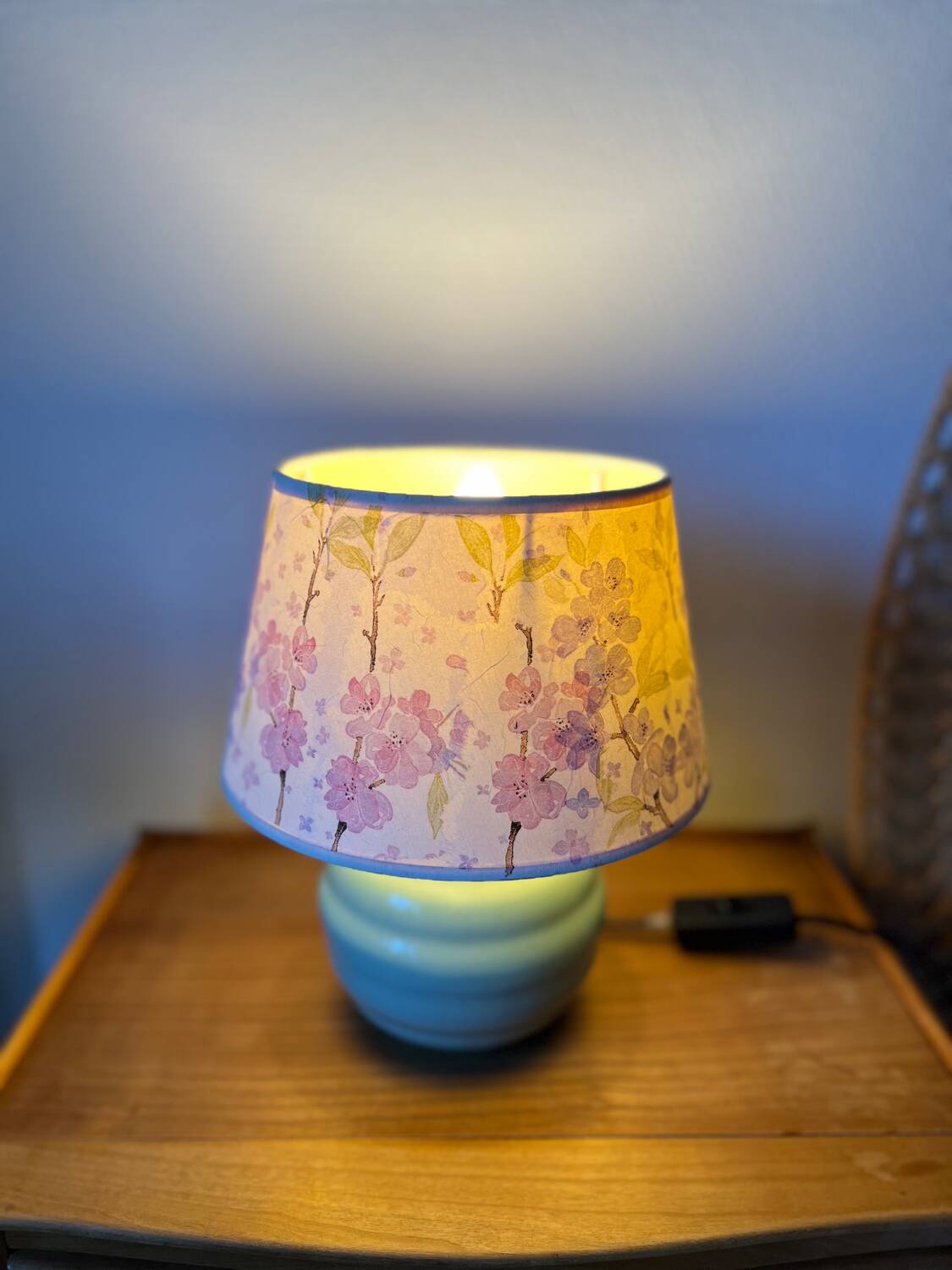 Vintage teal table lamp with floral lampshade