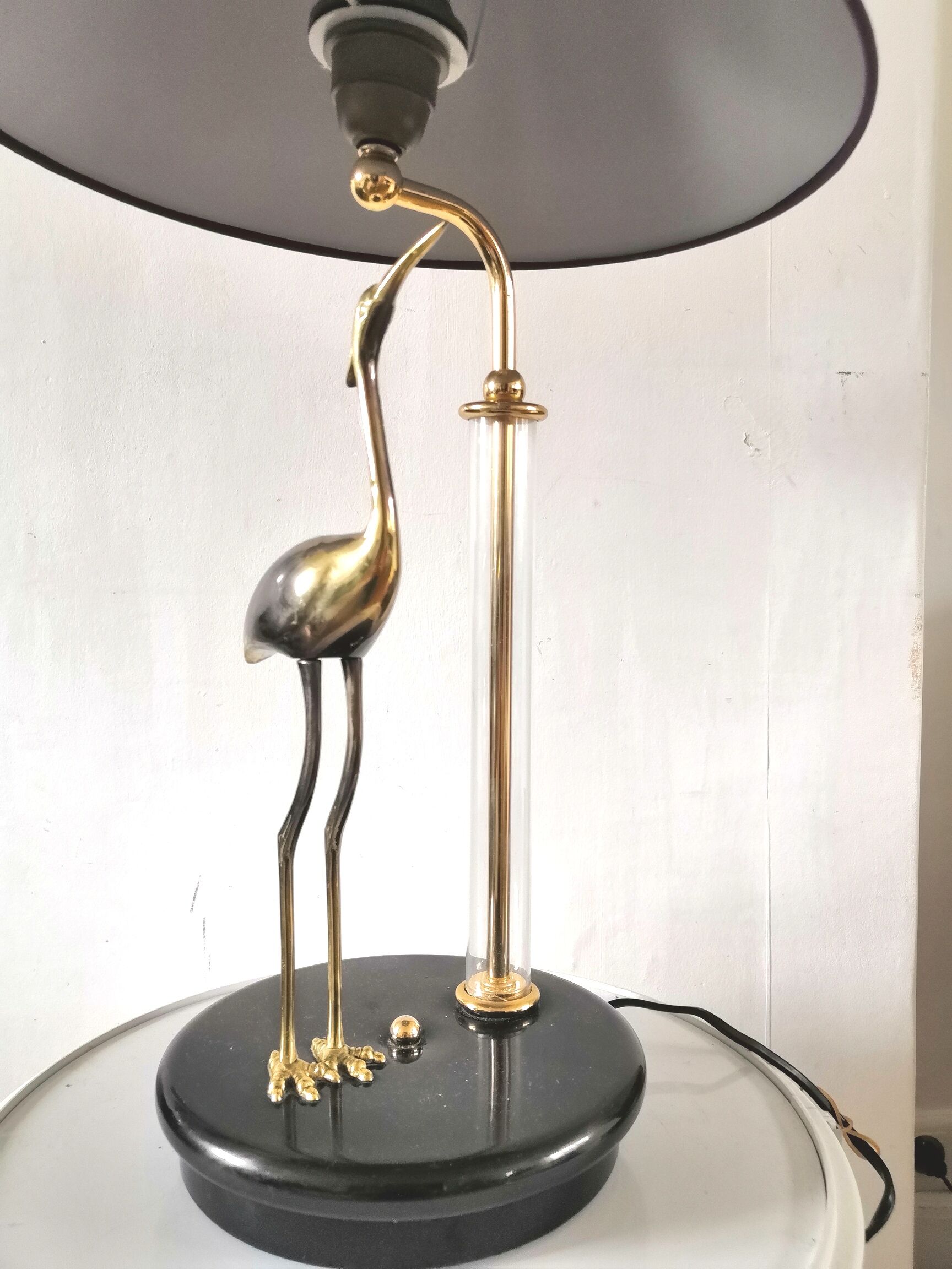 Lampe héron en laiton et tube verre design années 70