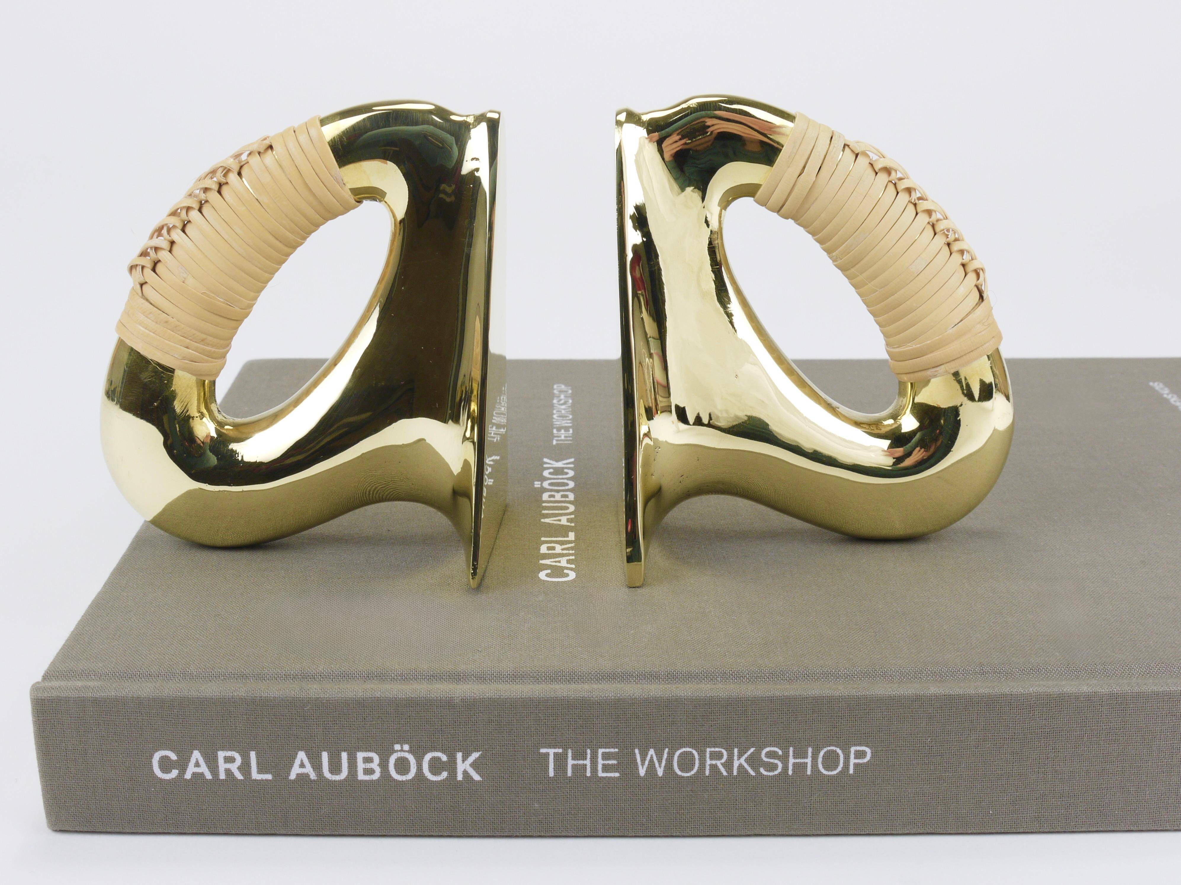 Pair of Carl Auböck Flat Iron bookends in brass and rattan #3530, Vienna, Austria