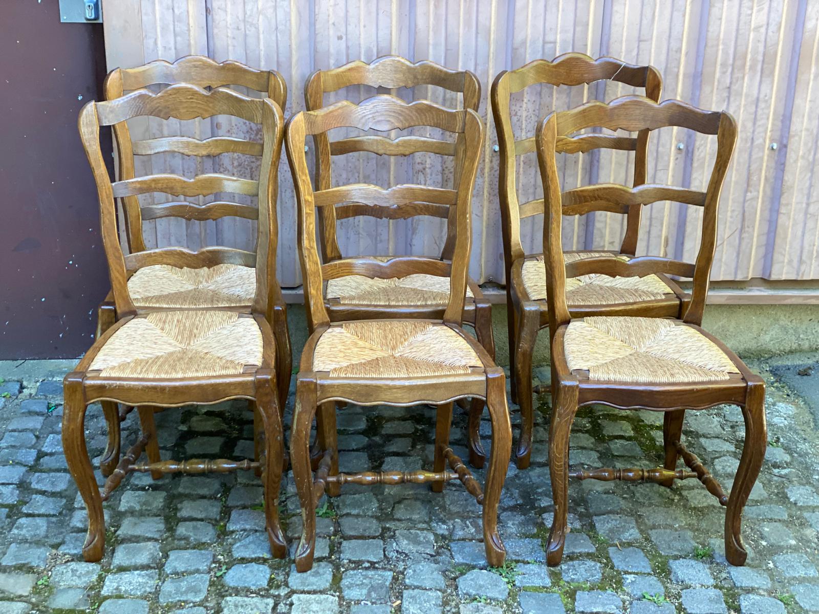 6 vintage Louis XV dining chairs with rush seats from the 20th century.