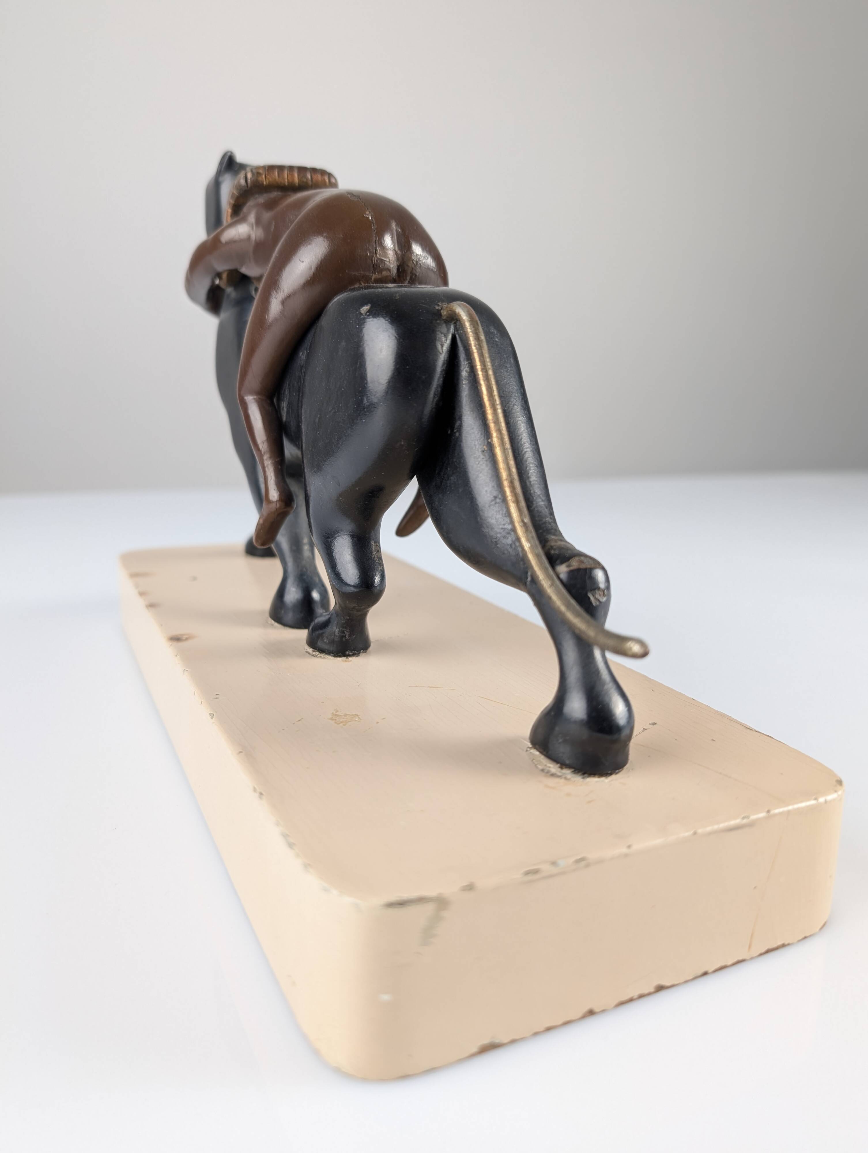 Ariadne and the Panther, Art Deco Sculpture in Wood and Brass, 1920s