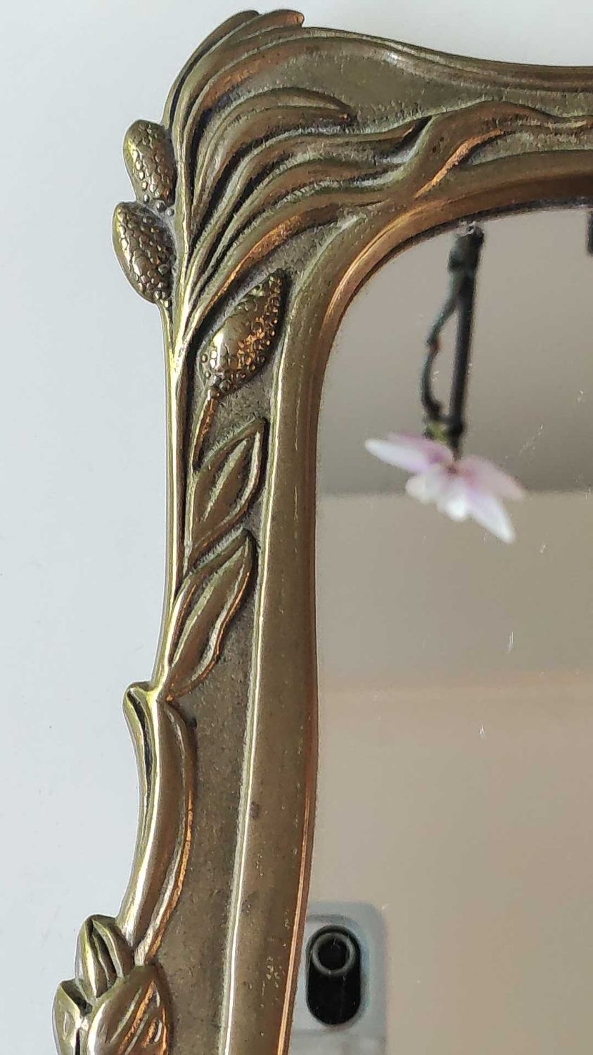 Brass table mirror, art nouveau, lady figurine/foliage, wheat ears