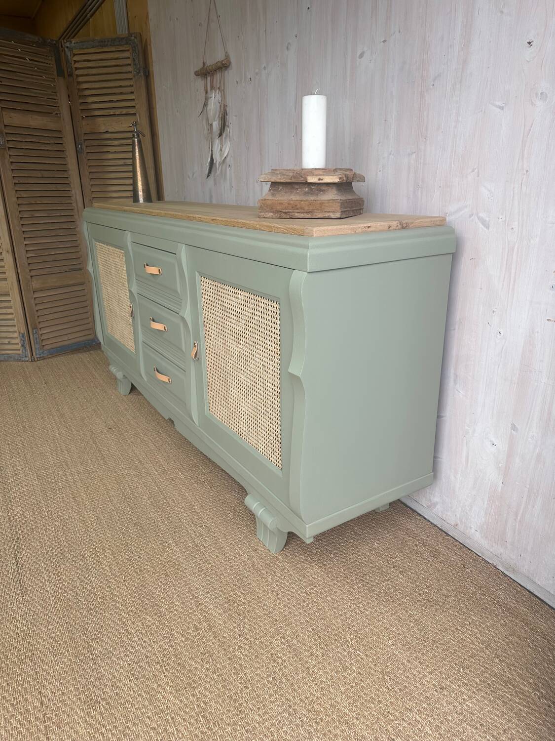 Renovated antique sideboard - blue-green, cane work and oak top