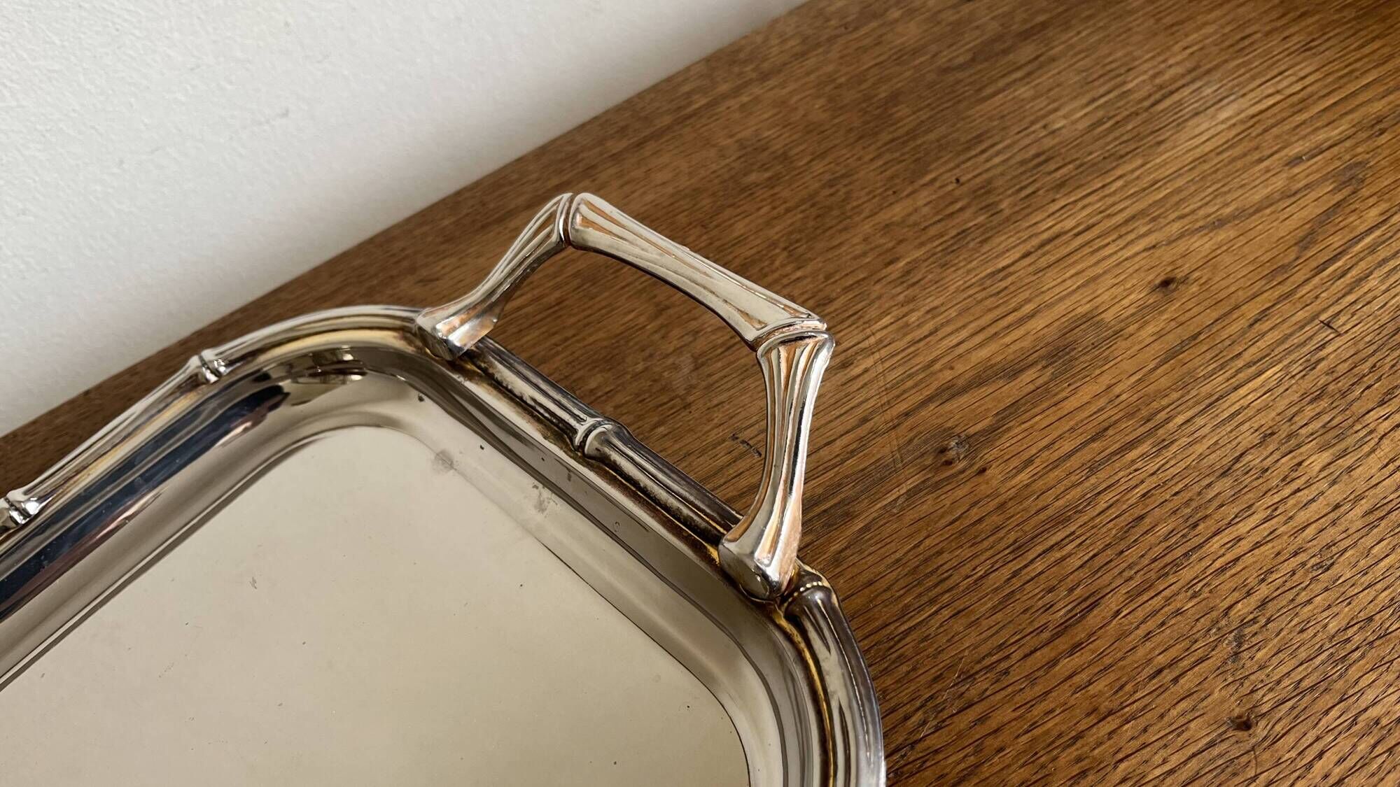 Silver-plated faux bamboo tray USA 1970 Hollywood Regency