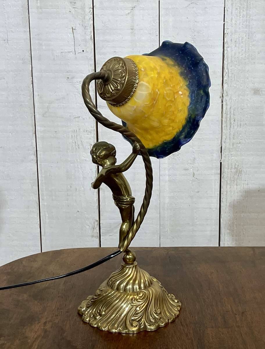 Bronze lamp with glass paste shade - work from the 1970s