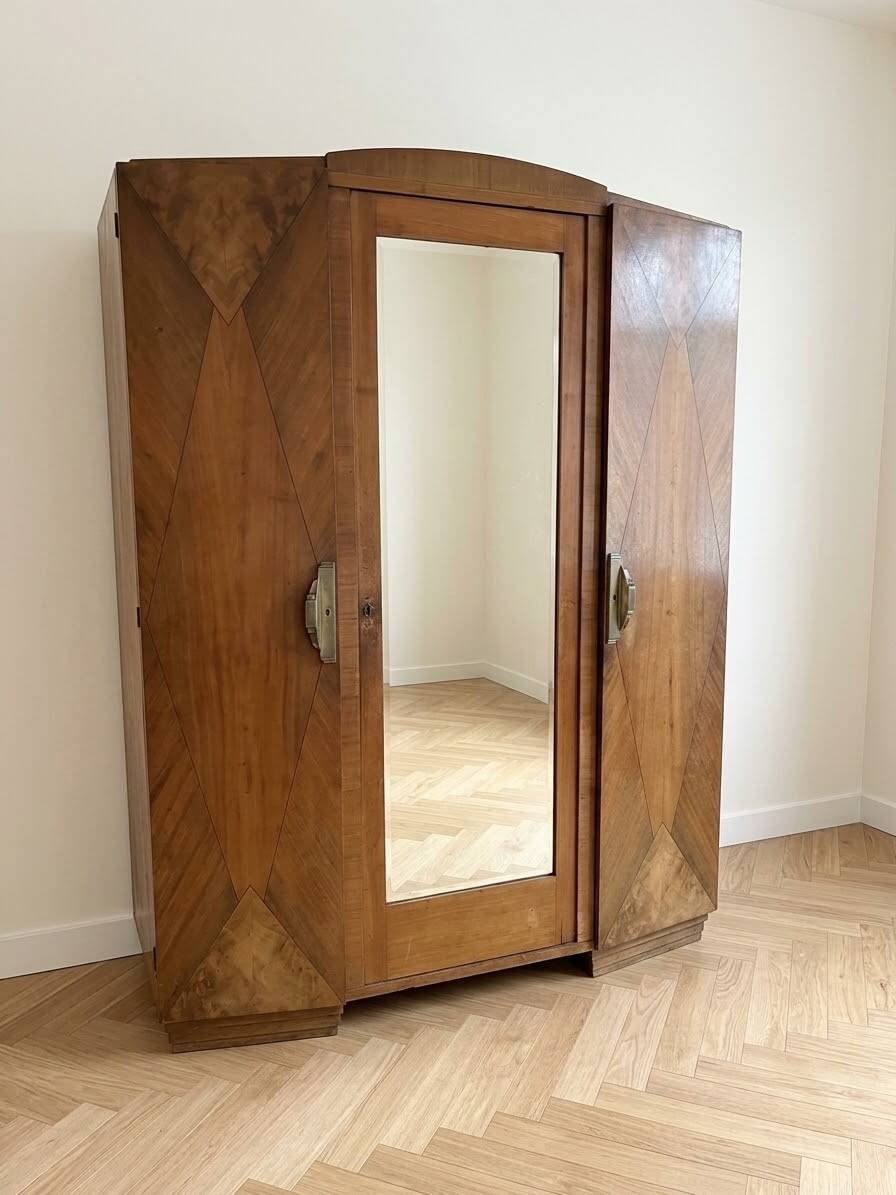 Antique Art Deco wardrobe in wood with mirror