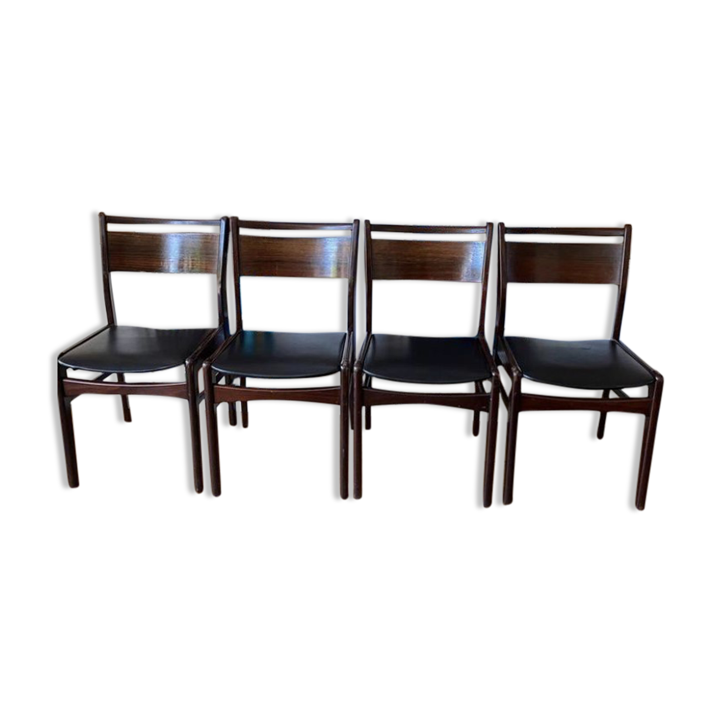4 chaises à repas en palissandre et simili cuir marron - 1960